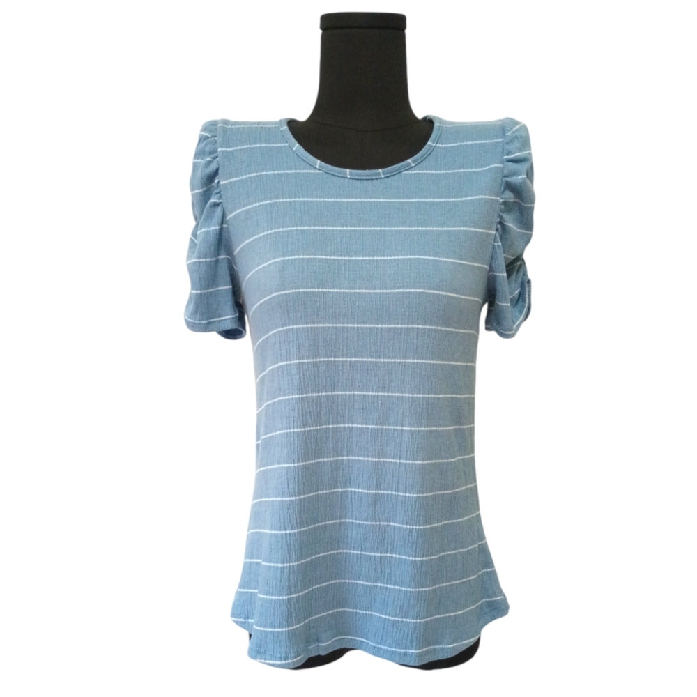 5/$25 Vintage Blue and White Striped Textured Top with Puff Ruffle Sleeves